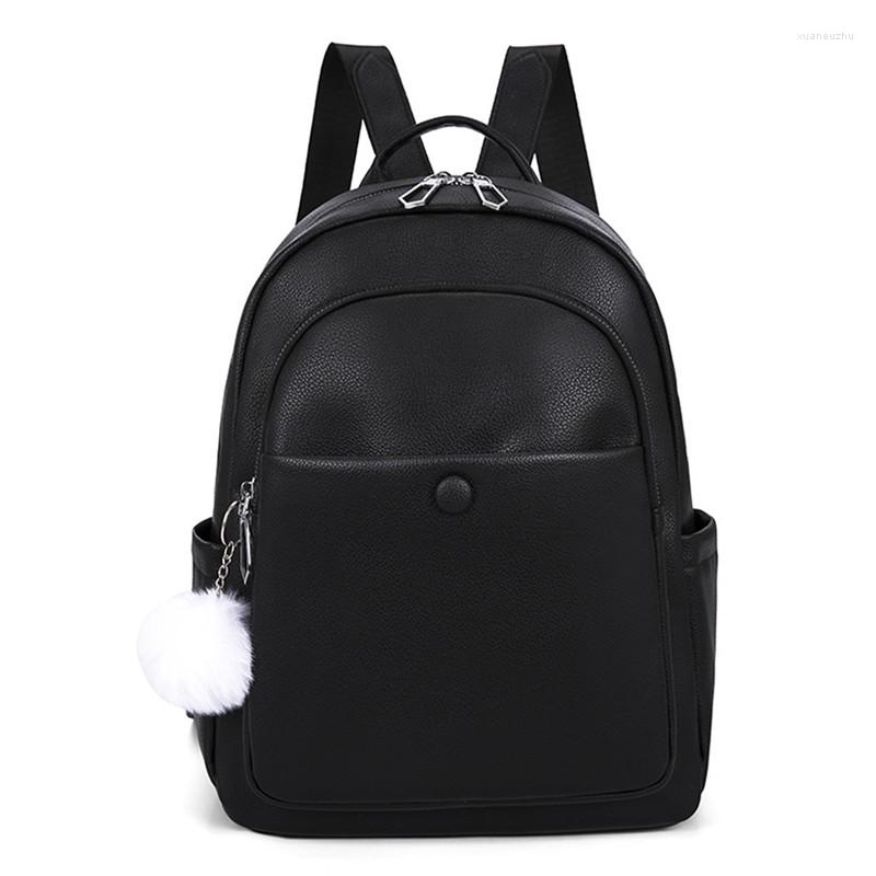 

School Bags Fashion Women Backpack Hair Ball High Quality Youth Leather Backpacks For Teenage Girls Female Shoulder Bag Mochila, Black