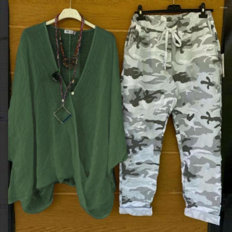 

Women's Two Piece Pants Women Tracksuit V Neck Half Sleeve Camouflage Irregular Hem Blouse Drawstring Sets Summer Outfit Chandals Mujer, Blue