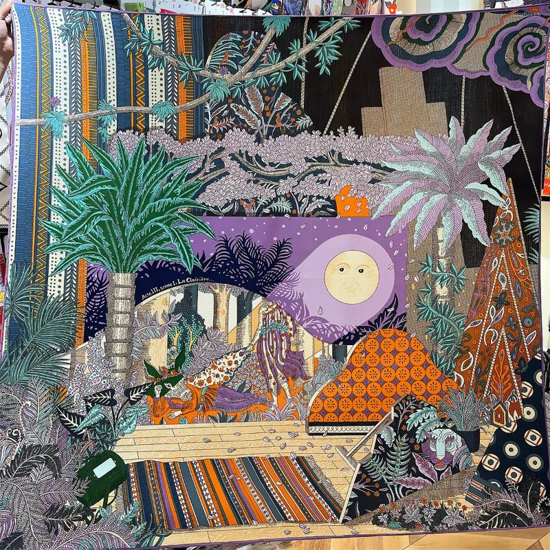 

Scarves Silk Cashmere Scarf Women Hand Rolled Shawls Sun World Print Square Wraps Bandana Big Hijabs Female Foulard 135CM