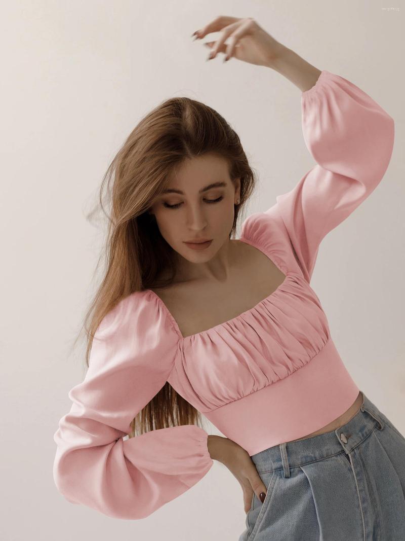 

Women' T Shirts 2023 Fall Women' Ruched Half Body Crop Top Elegant Square Neck Premium Pleated Lantern Long Sleeve Slim Fit T-Shirt, Black
