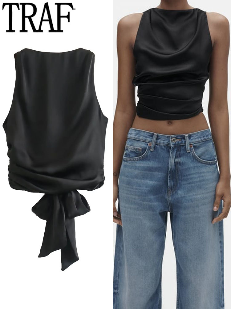 Womens Tanks Camis TRAF Black Crop Top Satin Backless Female Y2k Streetwear Sexy s Woman Fashion Tied Sleeveless Tank s For 230509