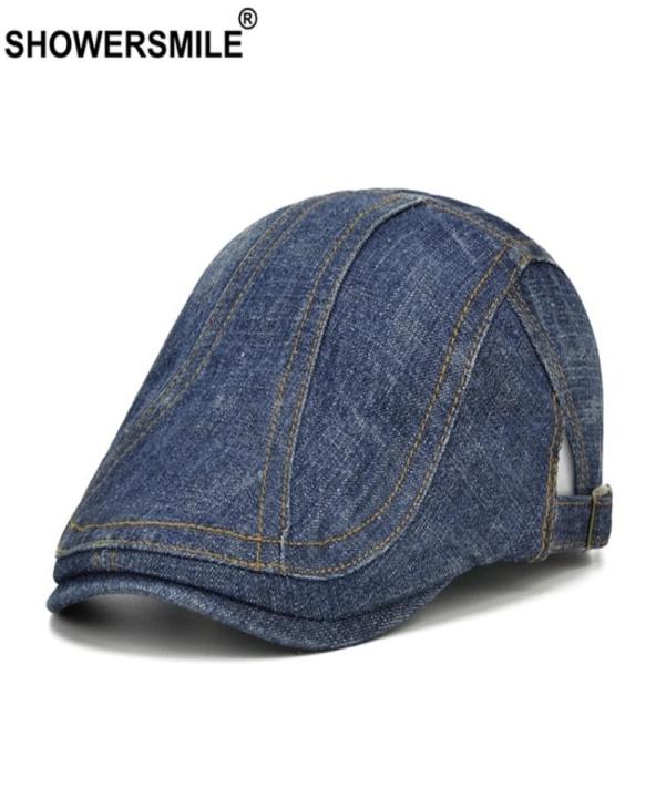 

SHOWERSMILE Denim Flat Cap for Men Women Beret Hat Casual Irish Cap Blue British Retro Male Female Adjustable Ivy Cabbie Cap LJ2018792687