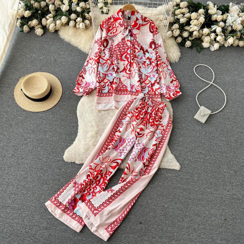 

Women's Two Piece Pants Spring Vintage Print Court Style Suit Women Bow Collar Floral Shirt Tops Wide Leg Two-piece Set, Red