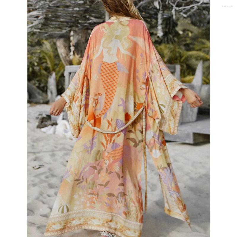 

Women' Swimwear 2023 Women Floral Print Bat Sleeve Bohemian Boho Robe Cover-ups Kimono Dress Gothic Ladies V Neck Summer Beach, Picture shown