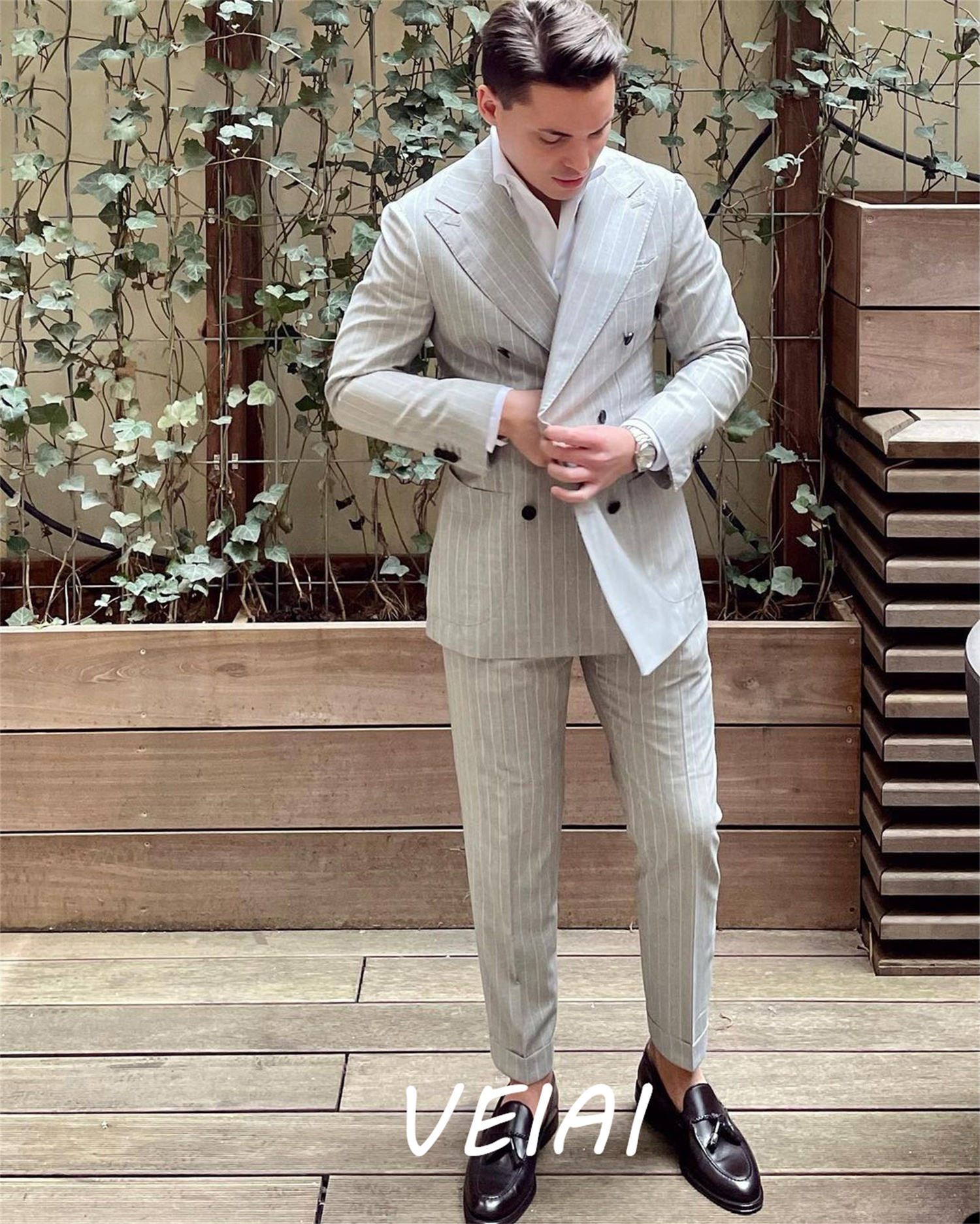 

Men's Suits Blazers Grey Pinstripe Men Suits Peaked Lapel Double Breasted Blazer Sets Business Wedding Suit 2 Pieces costume homme Jacket Pant 230509, Picture style3