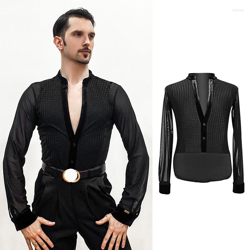 

Stage Wear 2023 Male Latin Dance Shirt Black Long Sleeve Ballroom Dancing Clothes V-Neck Practice ChaCha Competition Tops VDB6664, Bodysuit