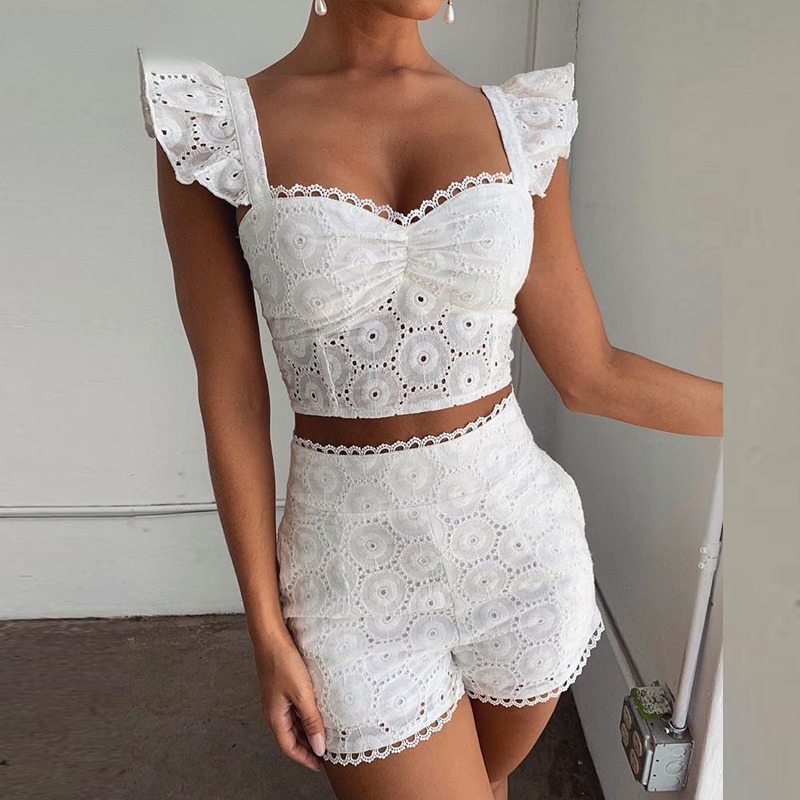 

Women's Tracksuits Lace Ruffles Hollow Out Top Short Sets 230508, White