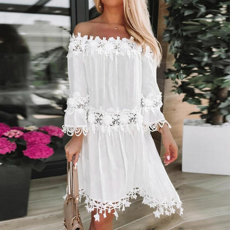 

Casual Dresses Boho Swing Dress For Women Summer Lace Slash Neck Off Shoulder V Short Sleeve Beach Sundress, White