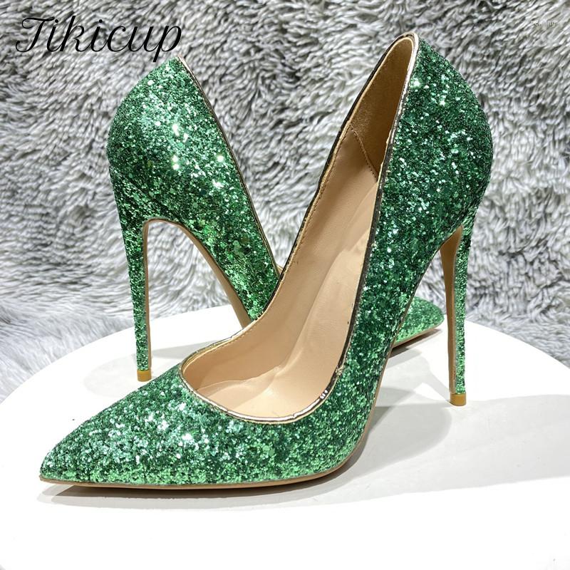 

Dress Shoes Tikicup Green Shiny Sequined Women Pointy Toe High Heel For Wedding Party Bling Slip On Stiletto Pumps 8cm 10cm 12cm, 10cm green