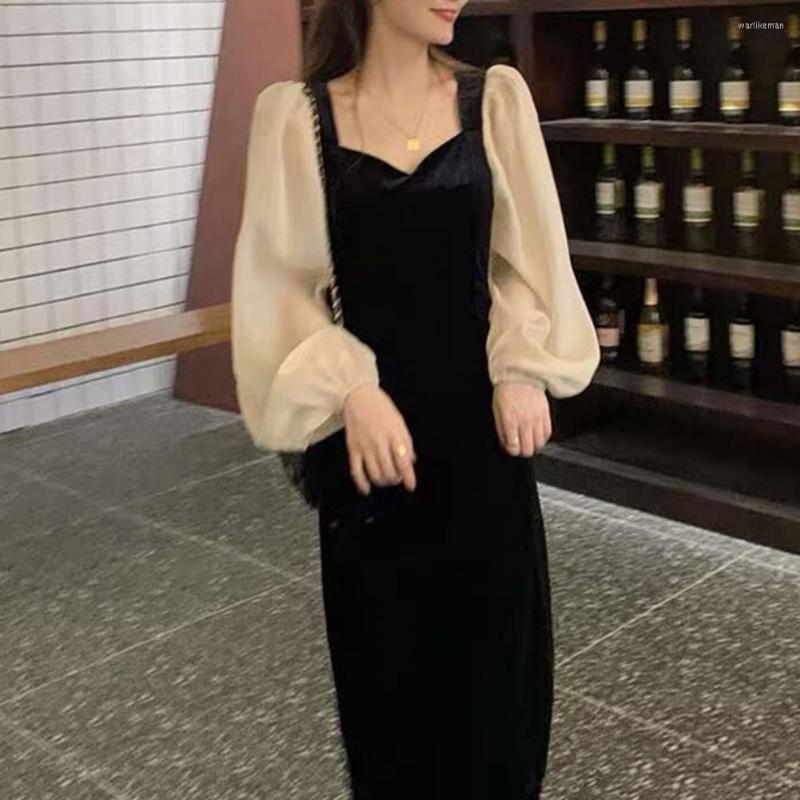 

Casual Dresses Women Dress V Neck Puff Sleeves Mid-Waist Party Elegant Hepburn Style Ladies Patchwork Evening