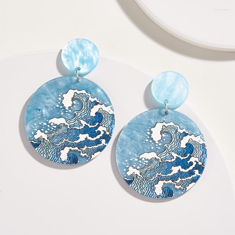 

Dangle Earrings Korean Round Acrylic Lake Blue For Women Sky Sea Color Cute Wave Drop Circle Jewelry