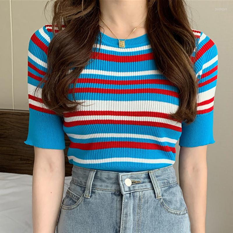 

Women's T Shirts Striped Knitted Crop Top Shirt Women Clothes Short Sleeve Summer 2023 Womens Tops Fashion Slim Tee Camisetas De Mujer, Blue