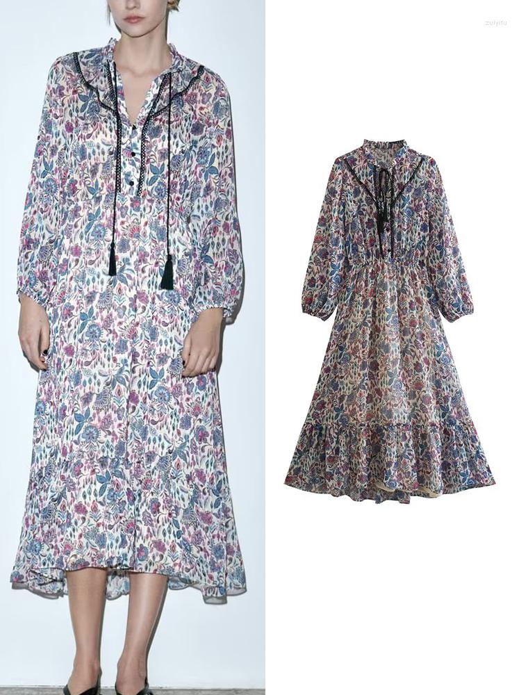 

Casual Dresses 2023 Summer Women Floral Printed Bow Elegant O-neck Beach Style Dress A-line Long Sleeve Mid-Calf Vestidos, Picture shown
