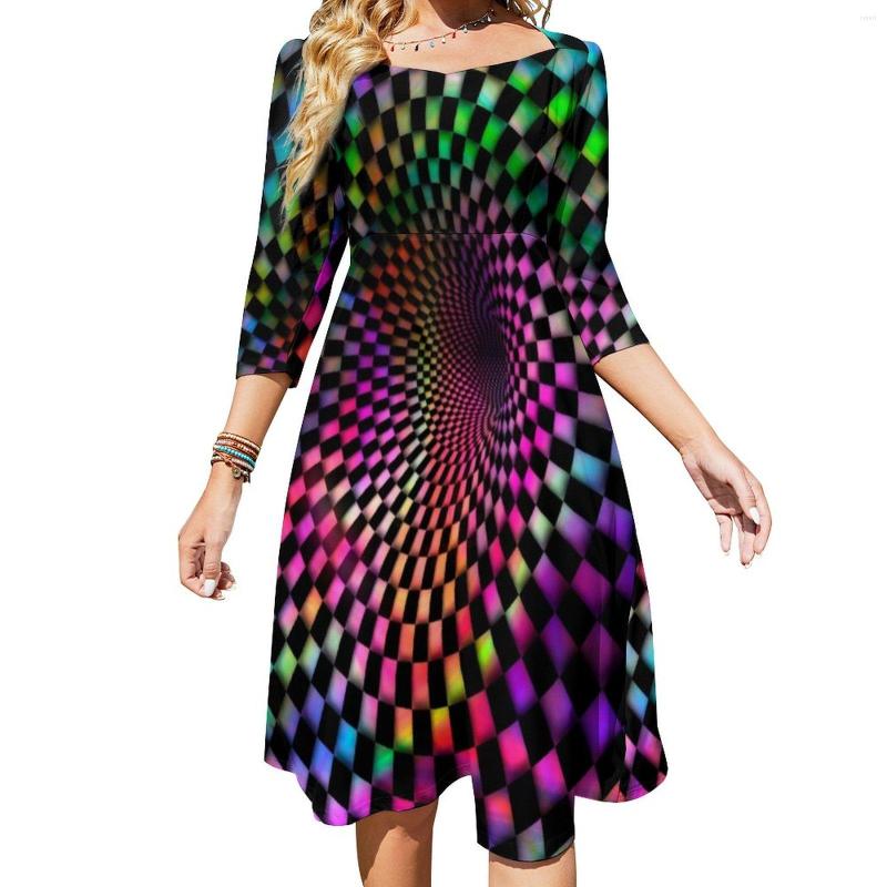 

Casual Dresses 3d Tie Dye Checkered Dress Ladies Optical Illusion Print Aesthetic Elegant With Bow Summer Big Size Clothes, Style-17