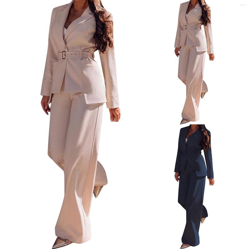 

Women' Tracksuits Solid Color Fashion Adjustable Belt Long Sleeve Small Suit Straight Leg Pants Set Fitted Two Piece Outfits For Women, Black