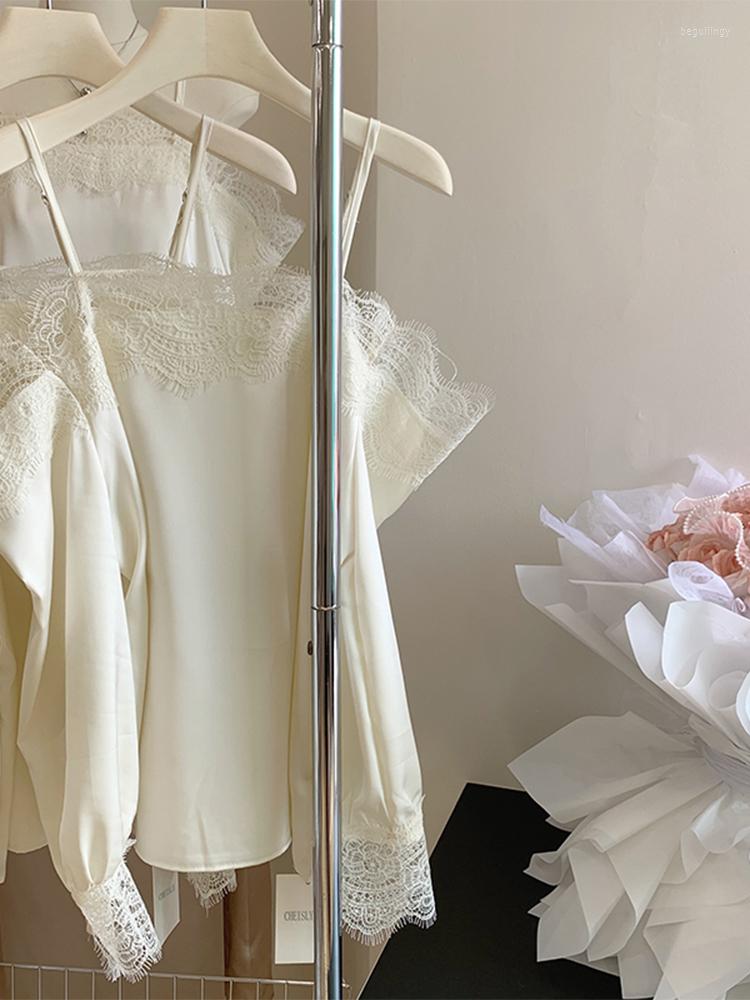 

Women's Blouses 2023 Women Spring Summer Lace Patchwork Shirt Long Sleeve Spaghetti Strap Strapless Blouse Clothes Vintage Aesthetic Elegant, Beige