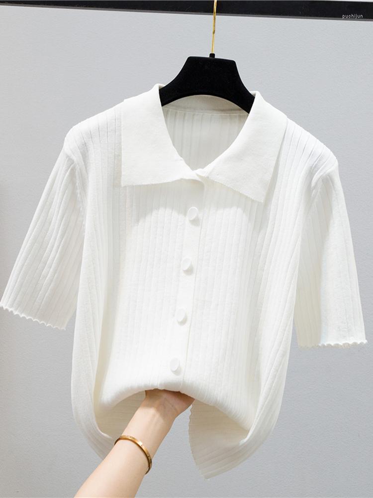 

Women's T Shirts Button Knitted Shirt Women Clothes Short Sleeve Tee Femme 2023 Summer Womens Tops Korean Fashion Tshirt Camiseta Mujer, Black