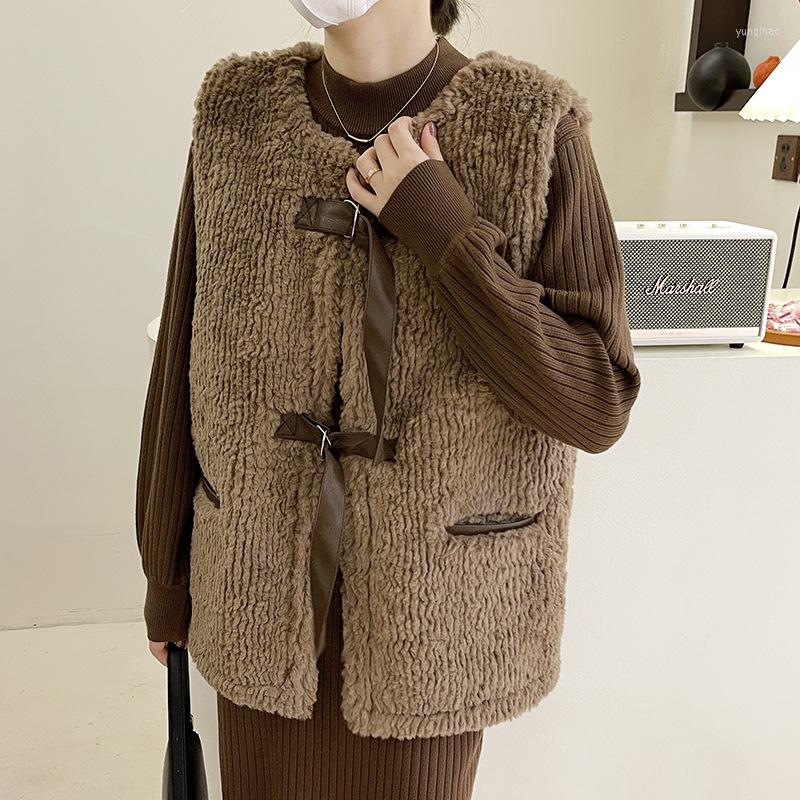 

Women's Vests Women's Winter Vest Jacket Warm Soft Lace-up Lamb Wool Short Sleeveless Coat Female Fashion Chic Casual Clothing Autumn
