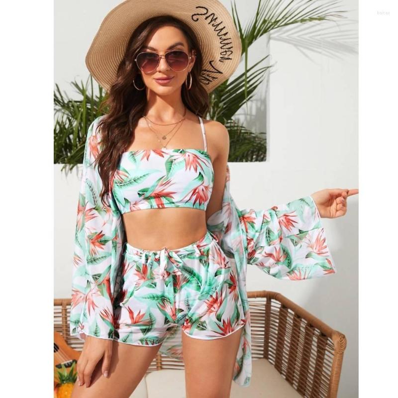 

Women' Swimwear 2023 Sexy High Waisted Bikini Three Pieces Floral Printed Swimsuit Women' Bikinis Set With Long-Sleeved Blouse Cover, Beige