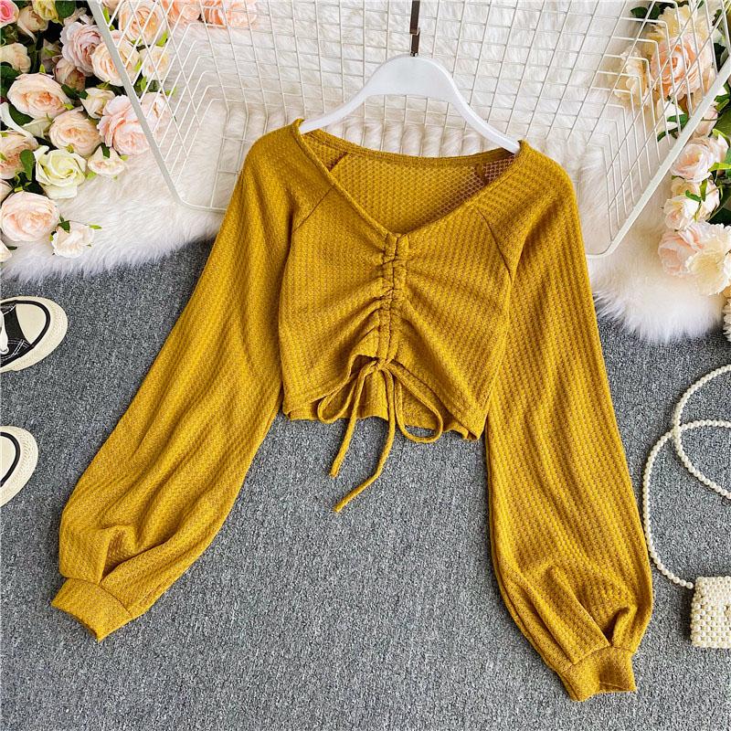 

Women's Blouses Women Summer V-Neck Bandage Lace Up Strap Knitted Sweater Shirt Lady Short Elastic Slim Pullover Drawstring Chic Blouse Tops, Pink women shirts