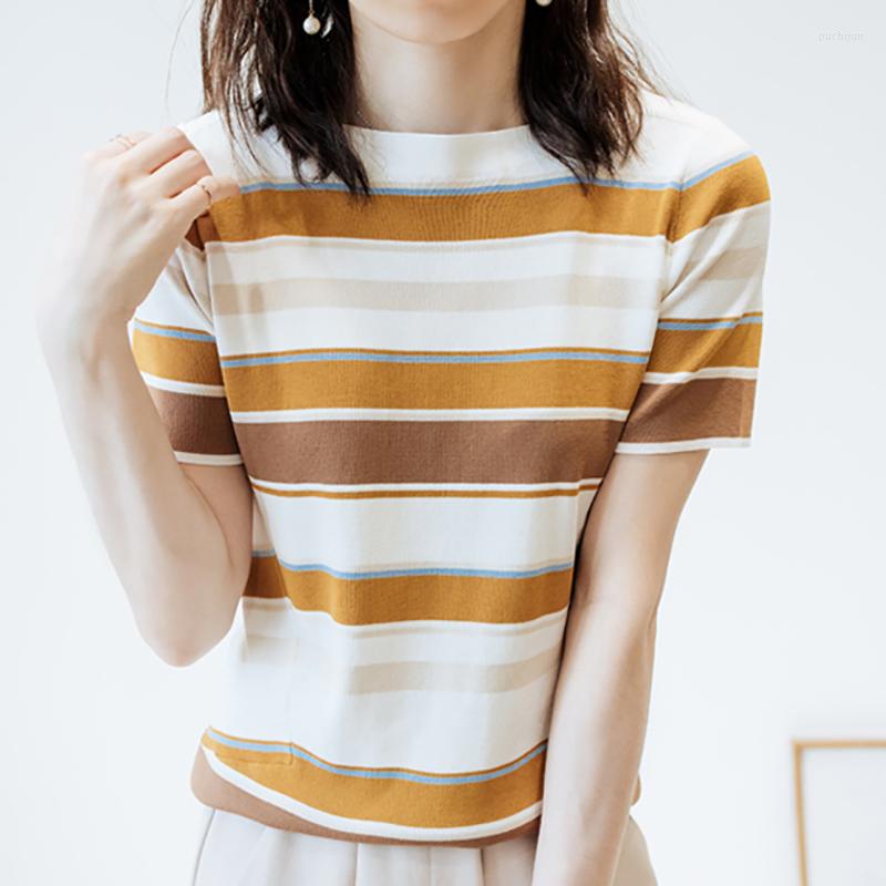 

Women's T Shirts Camisetas De Mujer Striped Knitted Shirt Women Short Sleeve Thin Tees 2023 Summer Tops Korean Style Clothes Tshirt Woman, Blue