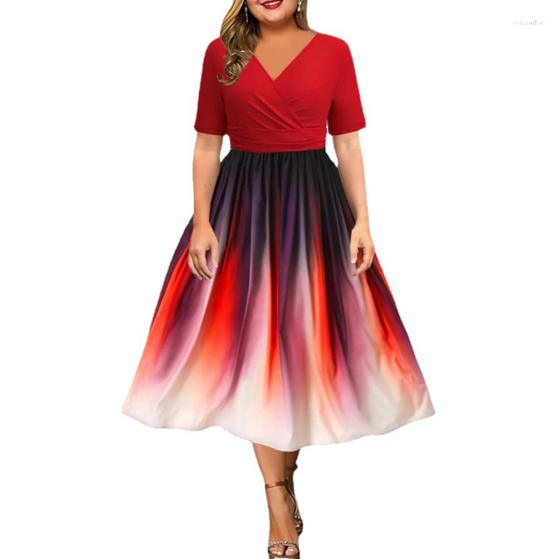 

Casual Dresses Gradient For Women 2023 Elegant V Neck Short Sleeve High Waist Slim Swing Party Dress Female Summer Vestidos, Gray
