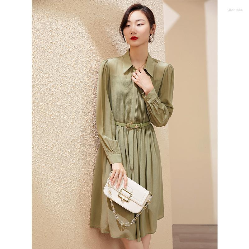 

Casual Dresses Double-layer Foggy Green Mulberry Silk Long Sleeved Dress French Design Sense Niche 2023 Autumn Luxury Medium Length