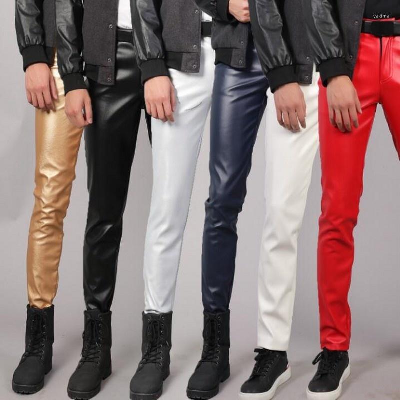 

Men's Pants Multicolor Brand Spring Men Leather Slim Fit Elastic Male Fashion PU Trousers Autumn Punk Cosplay Dance Mens, Gold