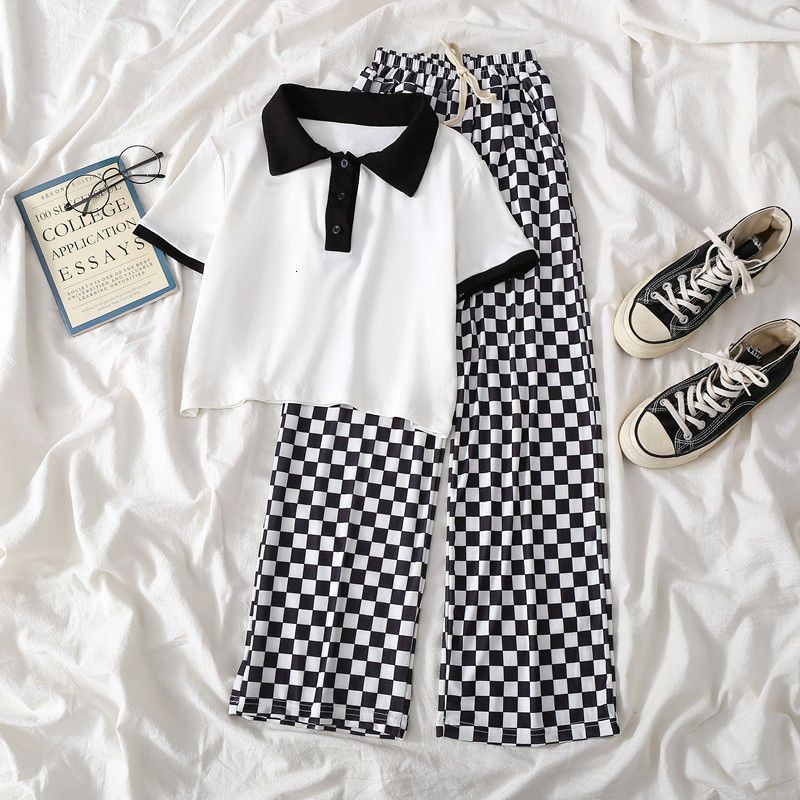 

Sets Suits Girls Junior Summer Suit Children s Checkerboard Trousers Short Sleeve T shirt 2 Piece Wide Legged Pants 3 12Y 230508, Black b