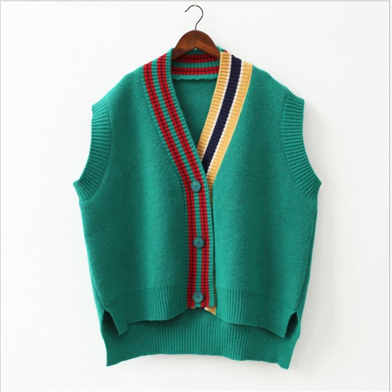 

Vests 2023 Female Fashion Loose Vest Vneck Button Sweater Open Stitch Casual Striped Cardigan, Green