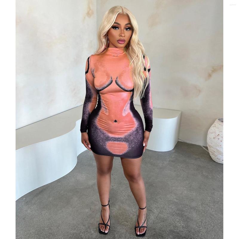 

Casual Dresses Nightclub Women's Online Red Fried Street 2023 Summer Sexy Digital Printed Long-Sleeved Dress Elastic Tight, Orange