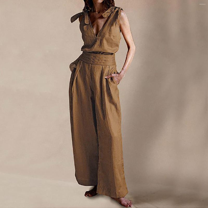 

Women's Two Piece Pants Ladies Sleeveless Solid Color Sexy V Neck Loose Wide Leg Set Women's Suits For Work Wedding Outfits Women Guest, Black