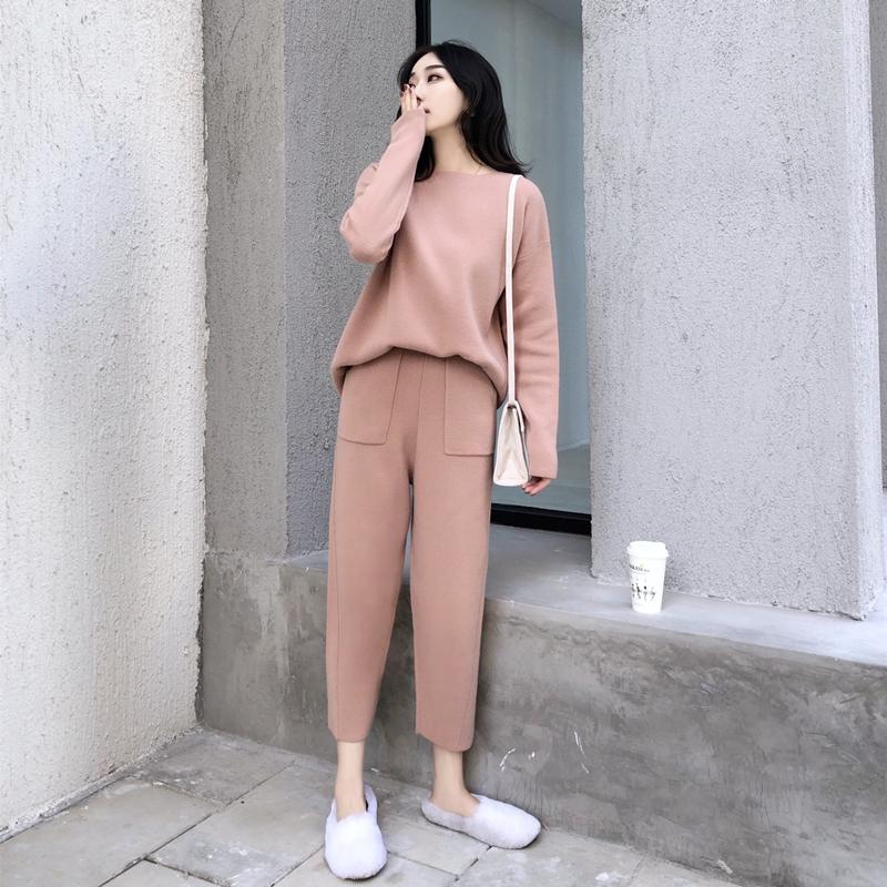 

Women' Two Piece Pants Ladies Autumn Women Knitted Trousers Tracksuit 2 Set Pullover Top Wide Leg Knit Sweatshirts Suit, Beige