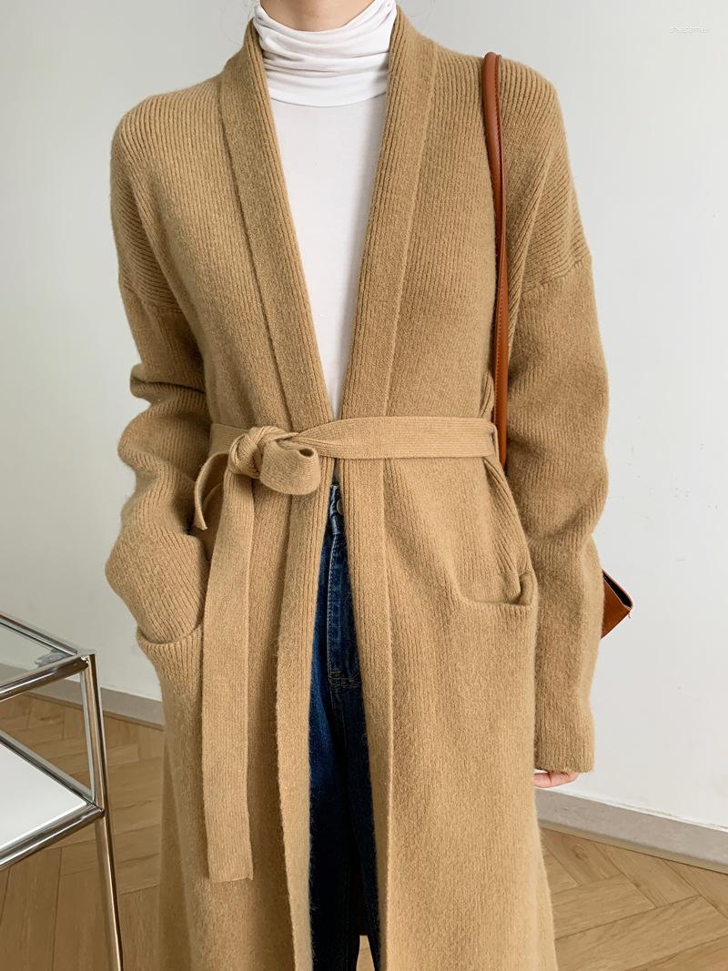 

Women's Knits Long Cardigan Sweaters Women Lace-up Sashes V-Neck Soft Warm Knitted Spring Autumn Coat Loose Leisure Fashion Female Blouse