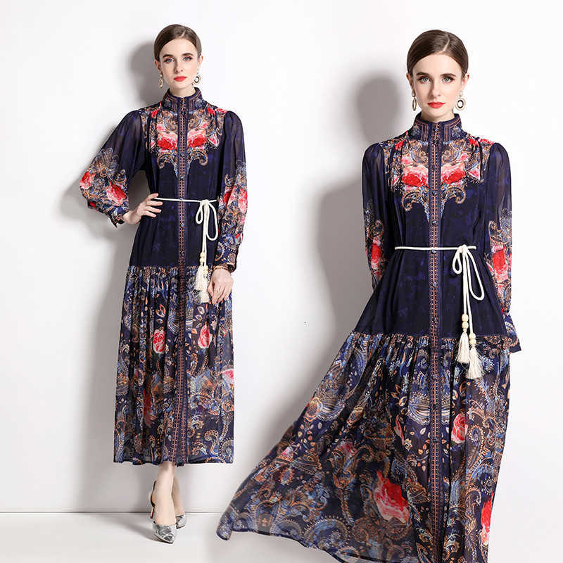 

New 2023 Spring/summer Holiday Style Printed Lantern Sleeve Dress Long Women' Wear Casual Dresses, Picture color