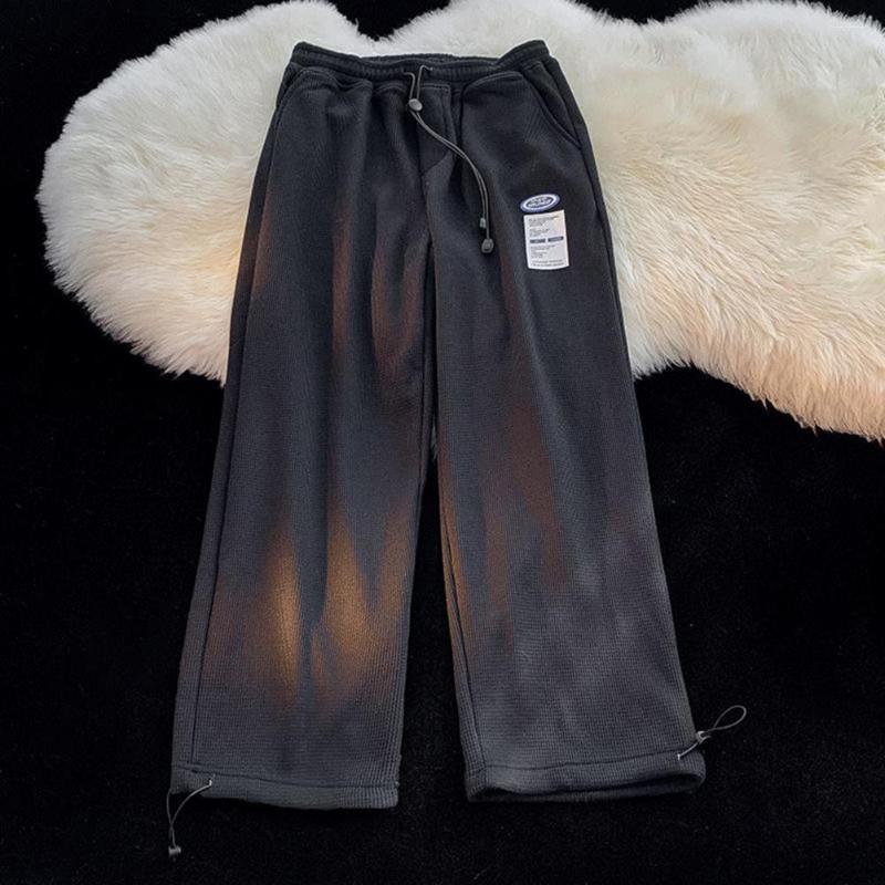 

Men's Pants Men Mid-rise Elastic Waistband Drawstring Waffle Texture Casual Sweatpants Straight Wide Leg Solid Color, Black