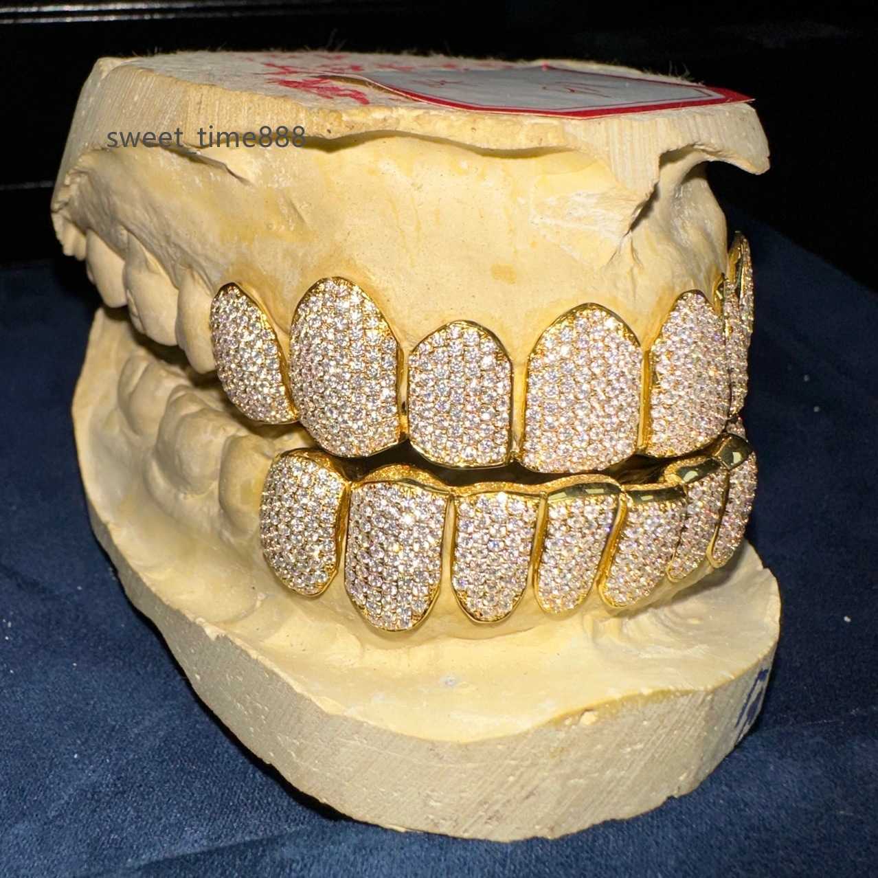 

Custom Made Hip Hop Iced Out Gold Bust Down Silver Deep PermCut VVS Moissanite Diamond Teeth Mouth Grillz