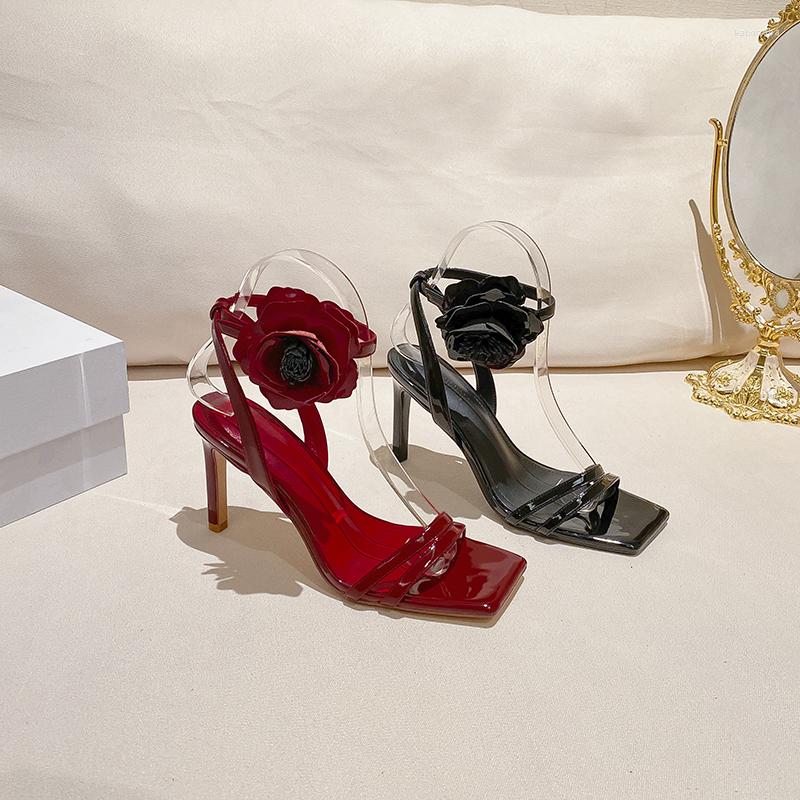 

Sandals 2023 Summer Women's Square Toe Rose Flower Rhinestone Thin Strap One Word High Heels All-match French, Black