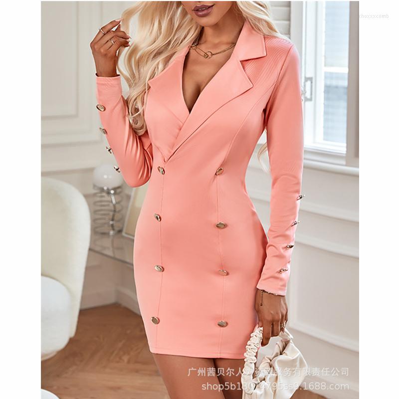 

Casual Dresses Office Lady Long Sleeve V Neck High Waist Corset Bodycon Dress Streetwear Women Elegant Fashion Lapel Button Suit, Pink