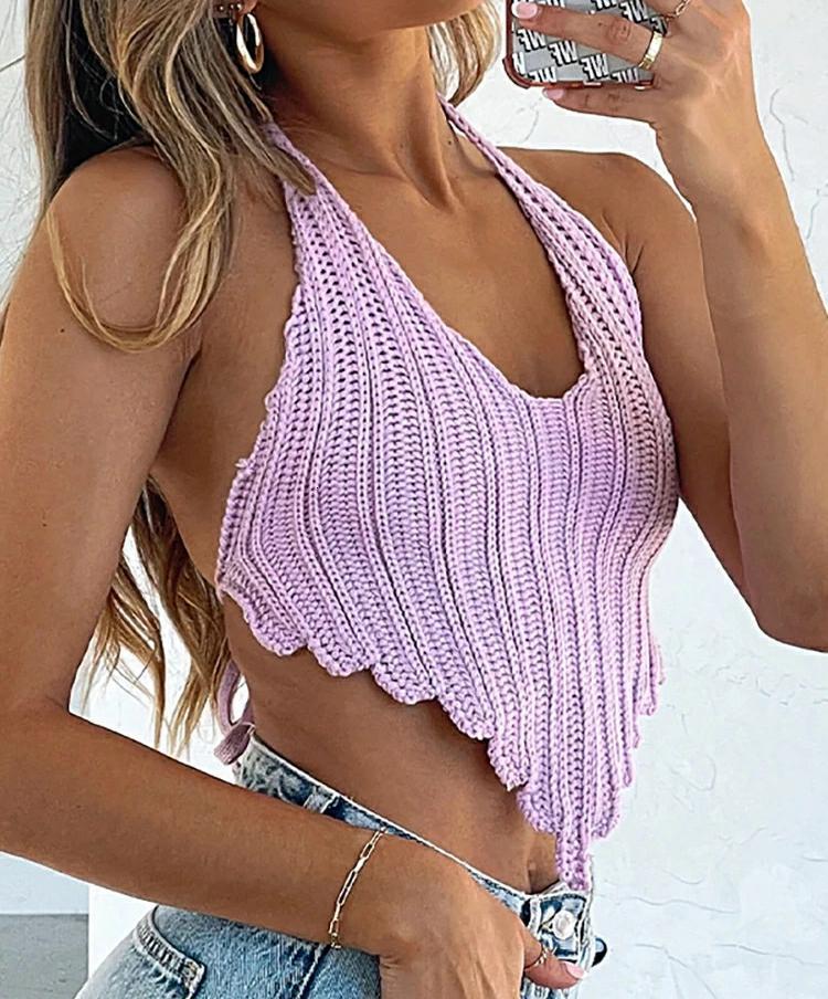 

Camisoles Tanks wsevypo Chic Halter Tie Up Knitted Camisoles Summer Women Casual Halter Irregular Vest Fashion Solid Color Backless Crop Tops 230508, Green
