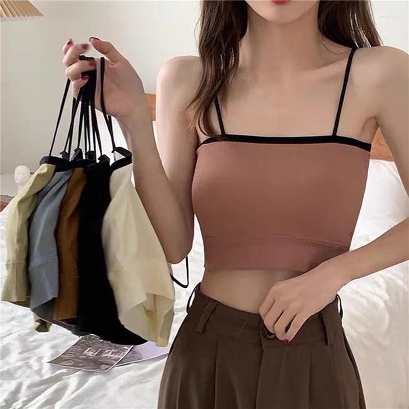 

Camisoles & Tanks Women Underwear Tube Top Tank Korean Style Seamless Tops Patchwork Thin Shoulder Strap Short Backless Sexy Lingerie, Light green