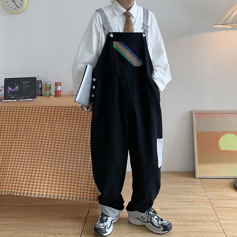 

Pants Men Suspenders Jumpsuits Oversized Rainbow Printing Overalls Summer Straight Casual Pants Vintage Splicing Trousers Male Clothes, Black