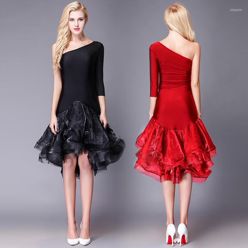 

Stage Wear Lady One Shoulder Three Step Dance Suit Women Latin Dress Girls Samba Rumba Dancing Clothes Square Uniform B-4214, Red