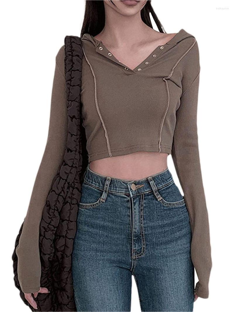 

Women's T Shirts 2023 Women S Hooded Crop Tops Spring Autumn Solid Color Long Sleeve Button Down T-shirt, Coffee