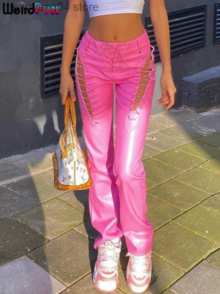 Pantalons pour femmes Capris Puss Faux PU Y2K Pantalon taille haute Femmes Chic Évider Bandage Sexy Automne Tendance En Cuir Club Pantalon Slim S