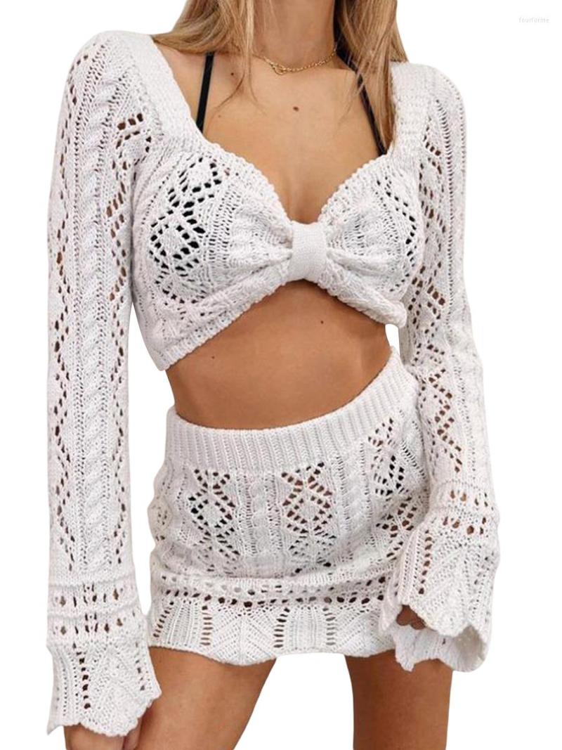 

Women's Swimwear Crochet 2 Piece Outfits Skirt Set For Women Long Sleeve Backless Crop Top Y2K Midi Going Out Streetwear, 44-white