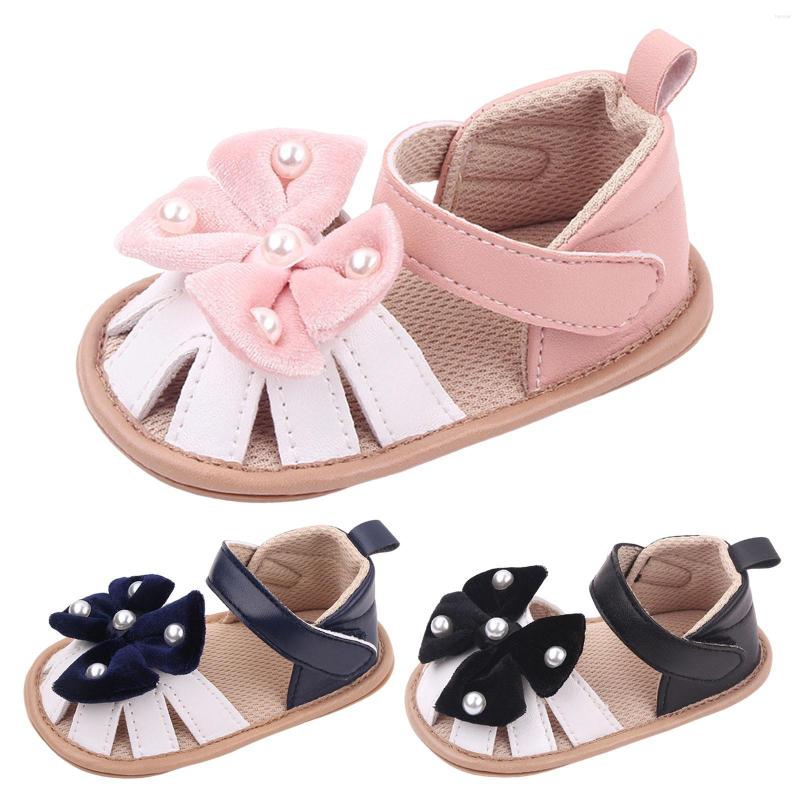 

First Walkers Toddler Girls Sandals Summer Infant Baby Bowknot Pearl Flat Bottom Breathable Shoes Lightweight Hook Loop, Black-a