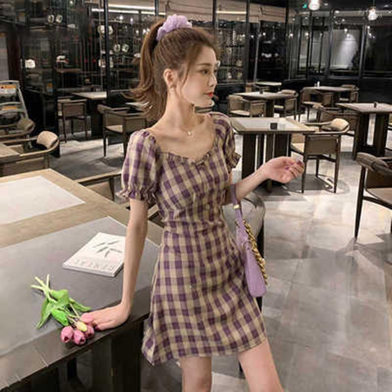 

Casual Dresses Women Dress Summer Cotton Plaid Puff Sleeve Draped Knee-Length Vintage Aesthetic Girls Sweet Simple, Sky blue
