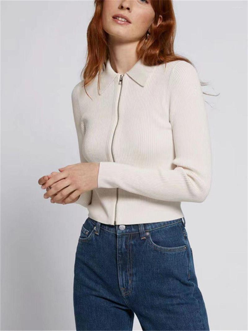 

Women's Knits Women Cardigan Zipper Solid Color Long Sleeve Turn Down Collar Ribbed Simple Knitted Sweater