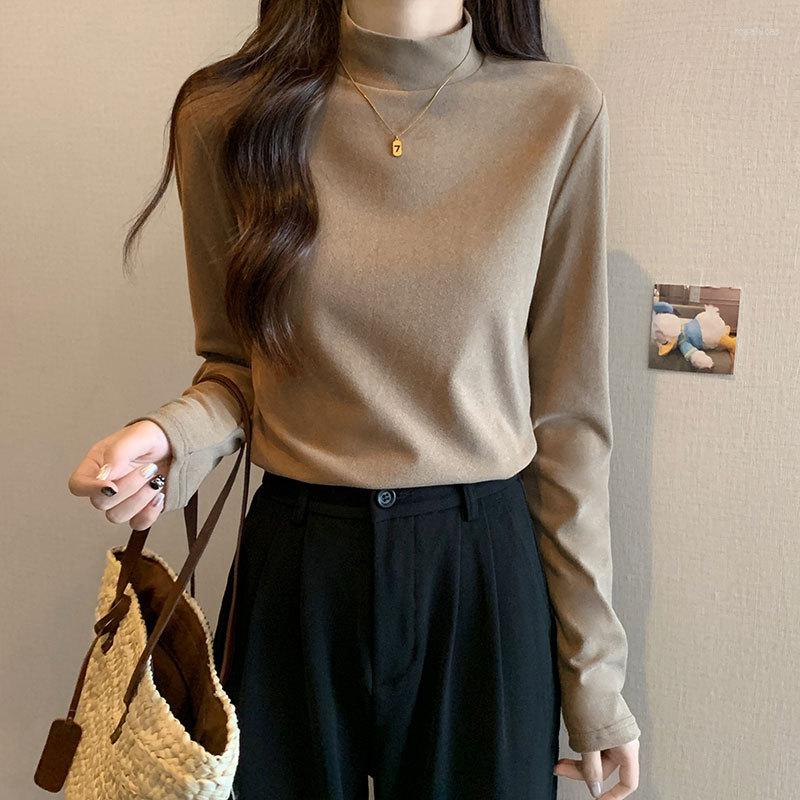 

Women' T Shirts Half High Collar Velvet Leggings Female In Autumn And Winter 2023 Solid Color Warm Long Sleeve Slim Shirt, Black